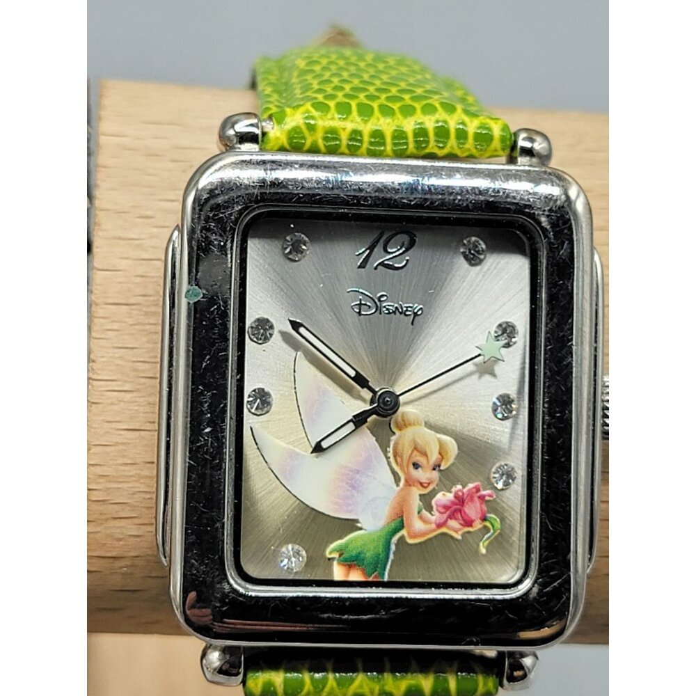 Disney Tinkerbell Accutime Watch TK1022 7" Green Faux Leather Band Silver Tone